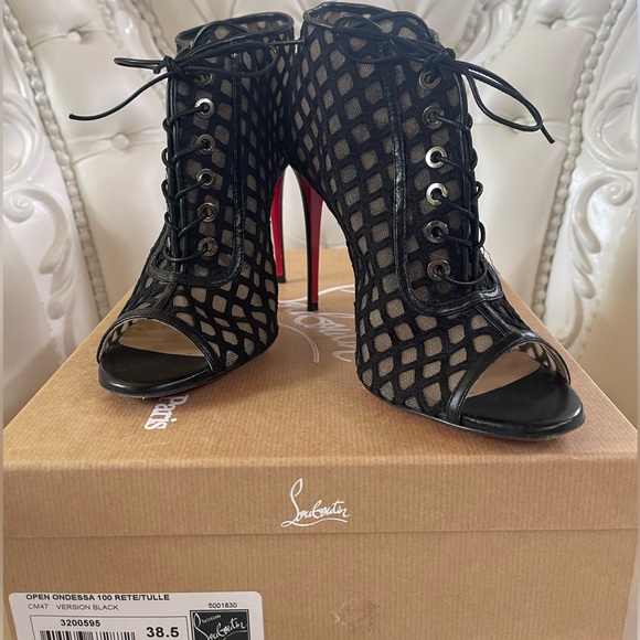 Christian Louboutin Open Toe Ondessa
Mesh, Suede, Leather Trim Lace Up Bootie. - Picture 2 of 4
